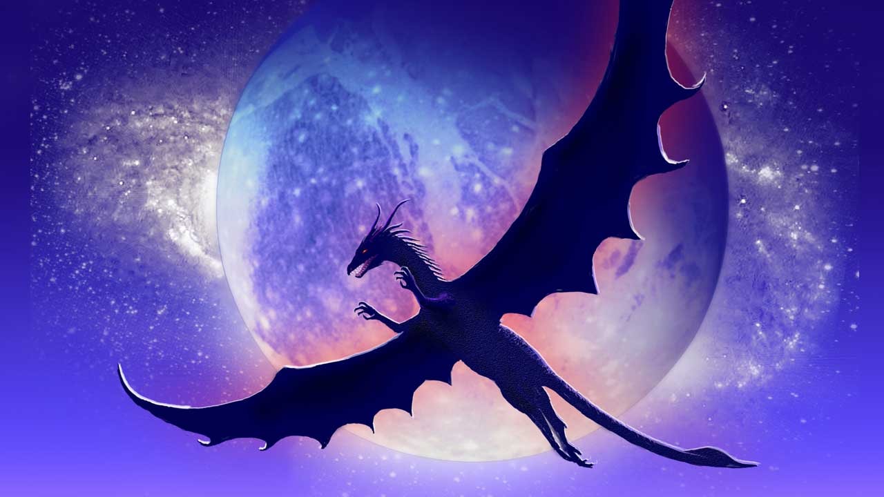 Elthbane's Dragon — Elthbane's dragon silhouetted against the moon