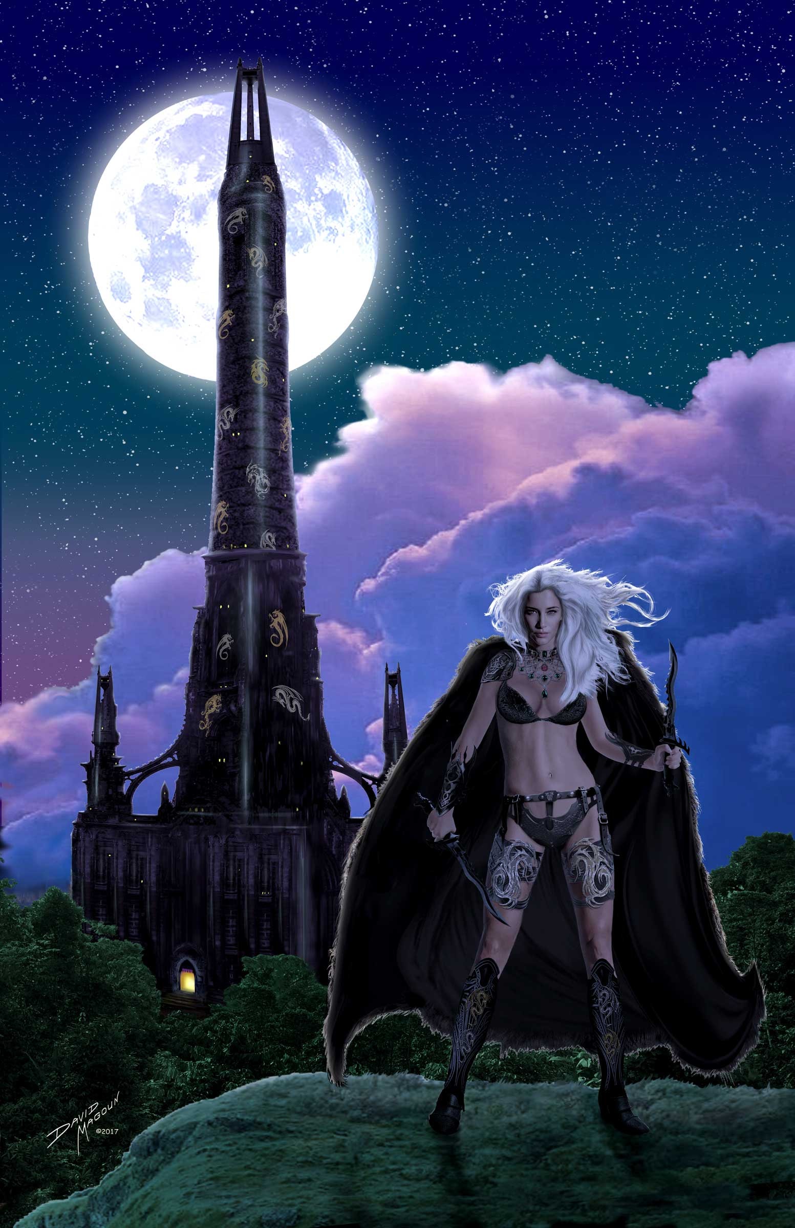 The Cimerean Queen — A warrior woman stands before a dark tower under the full moon