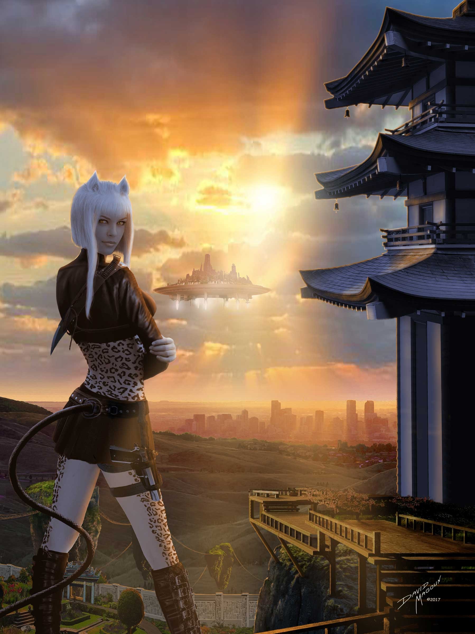 Ocelot Acheron — Cat-girl warrior at a pagoda with a floating city on the horizon