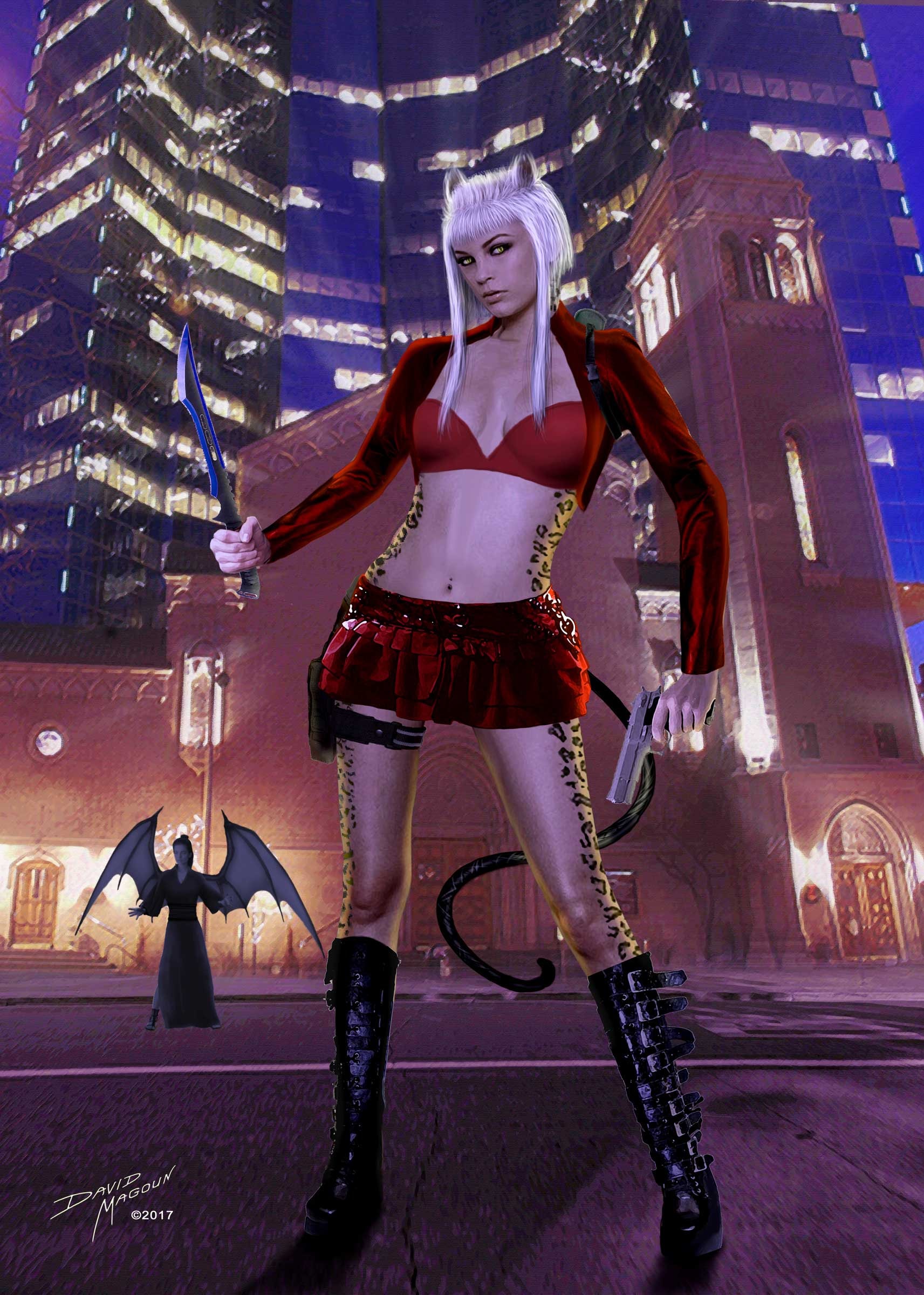 Ocelot in Red — The same character in a neon-lit urban night scene facing a winged demon