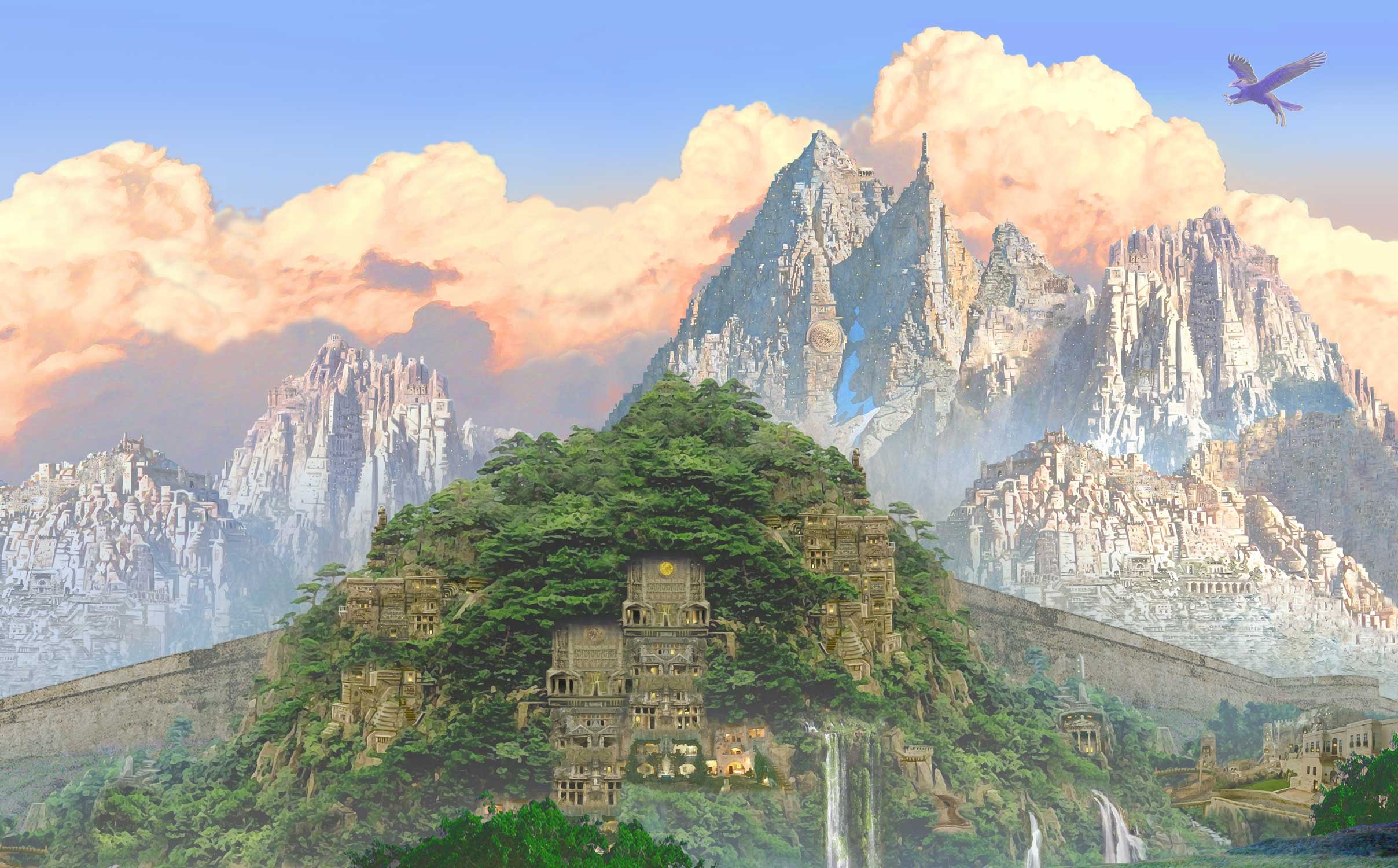 Rathalon — A lush mountain fantasy city carved into ancient stone