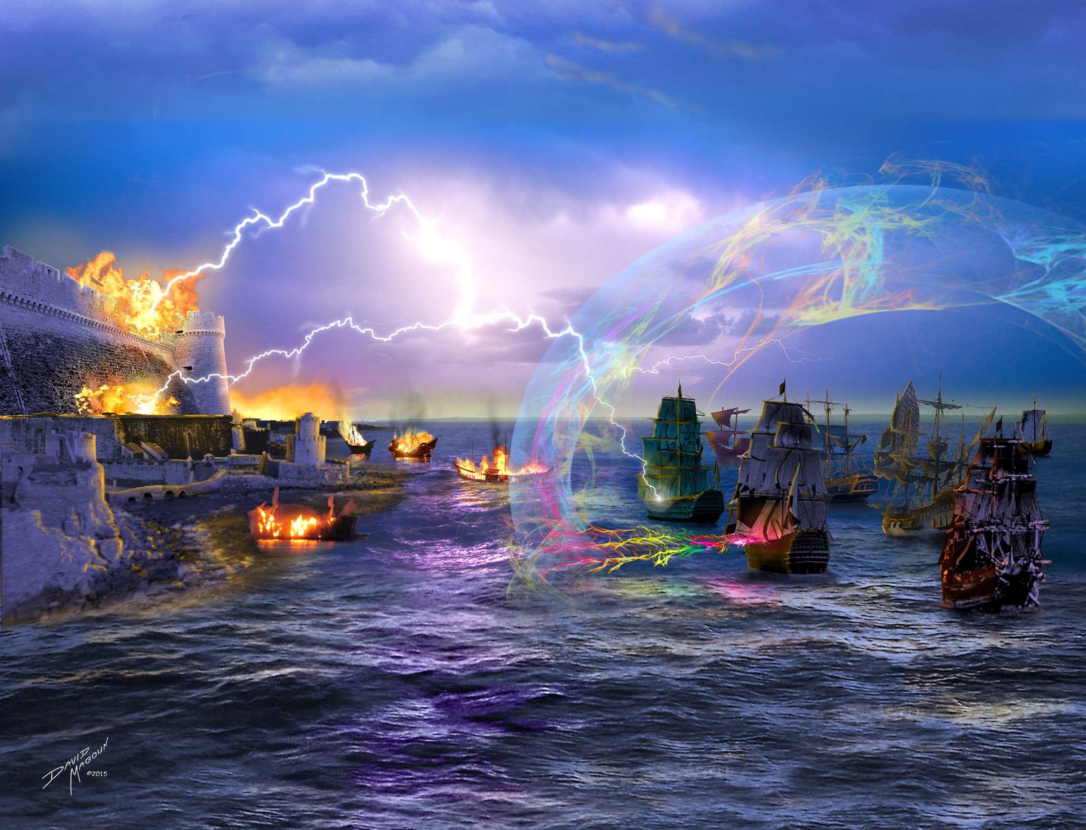 Siege of MikTash — A naval battle with magical energy and lightning tearing through the sky