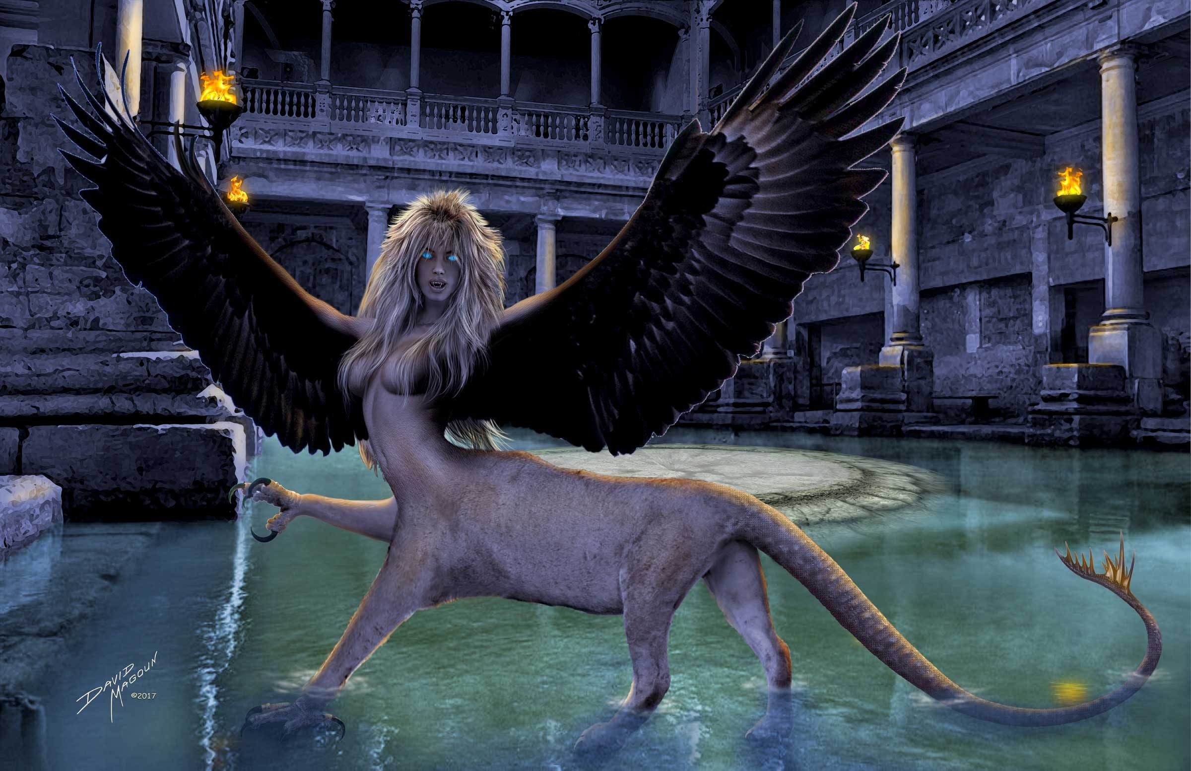 Sphinx — The great sphinx alone in the flooded ruins of an ancient temple