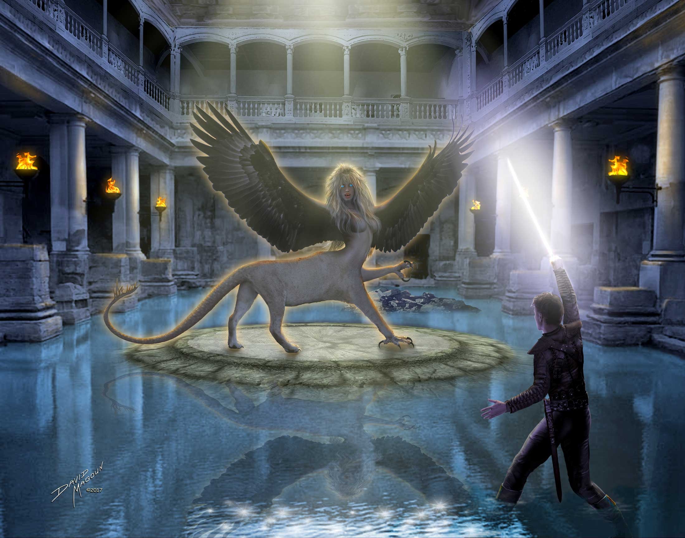 Sphinx vs. Simon — A warrior confronts the sphinx in the same flooded ruins