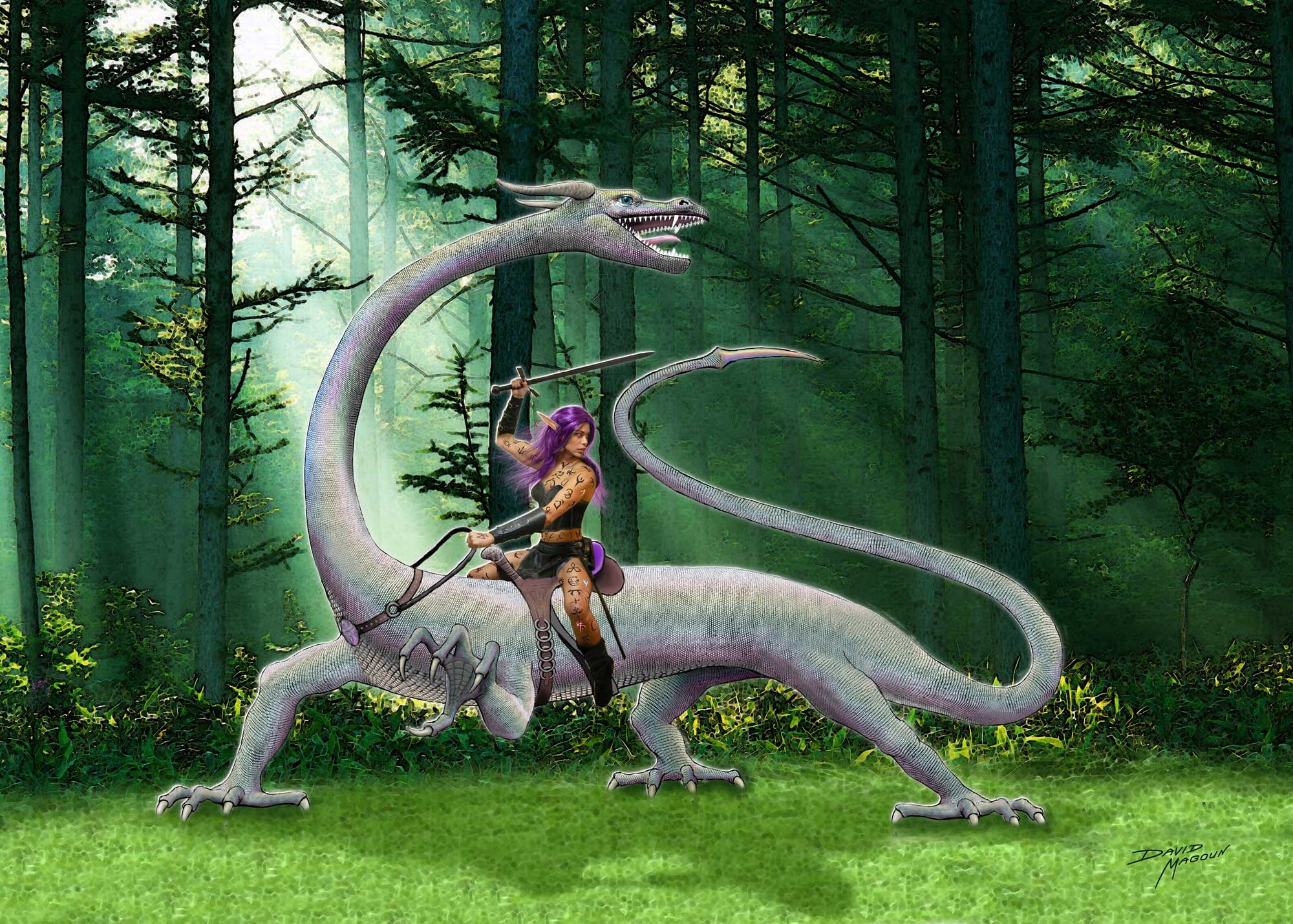 Xanthe & Riana — A purple-haired elf warrior rides a two-headed dragon through a sunlit forest