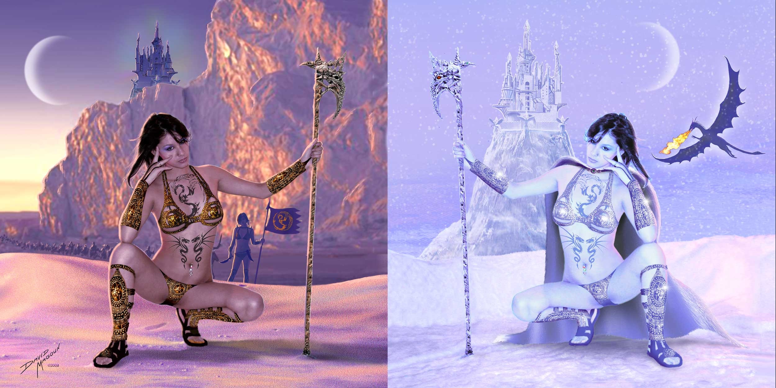 Desert & Ice Warrior — Two aspects of a warrior sorceress — desert sun and winter ice