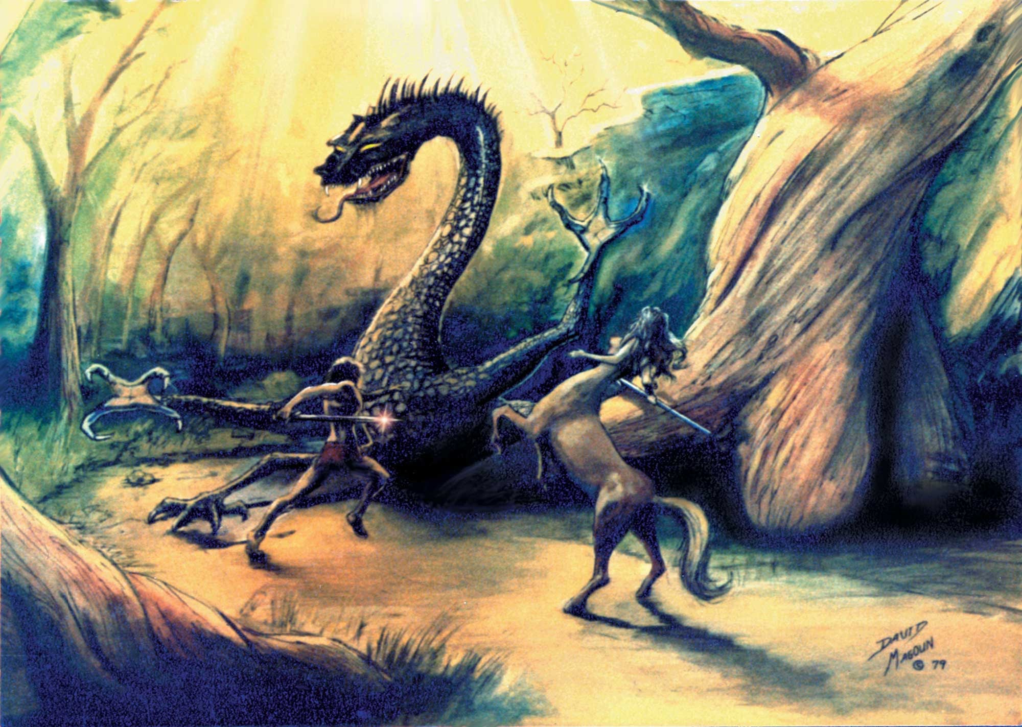 Dragon Fight — A warrior and centauress battle a serpent dragon in an ancient forest