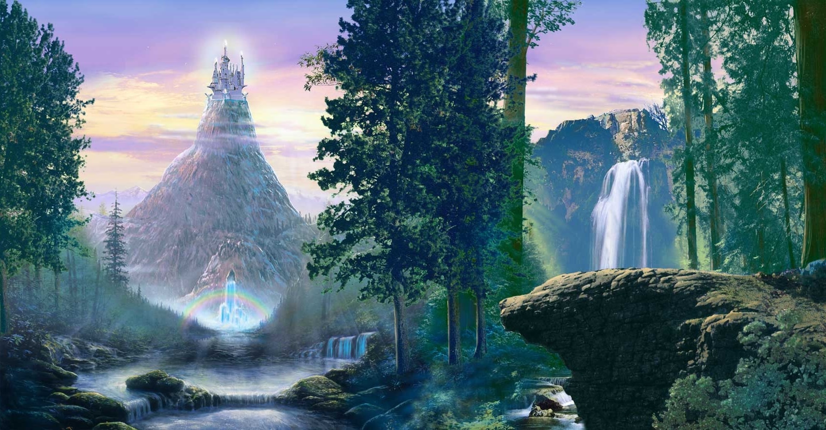 Fairyland — A glowing castle atop a misty mountain, with a rainbow and waterfall in an enchanted forest