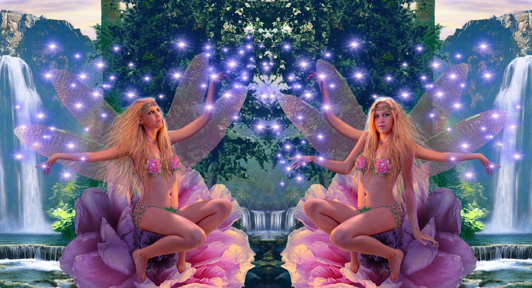 Faithful Fairies — Twin fairies conjure starlight in an enchanted woodland grotto