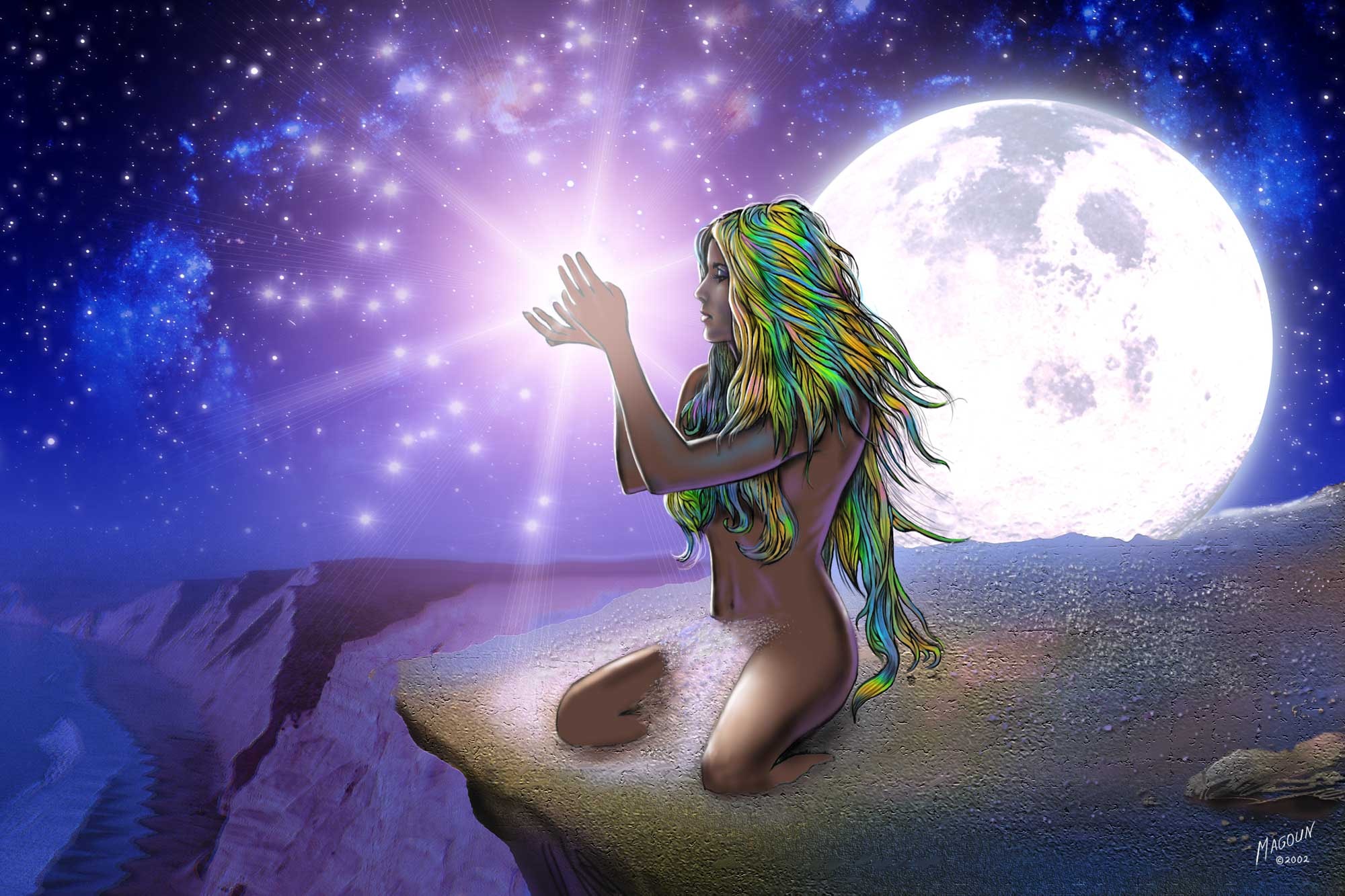 Star Crystal — A mystic with rainbow hair reaches toward a star above the full moon