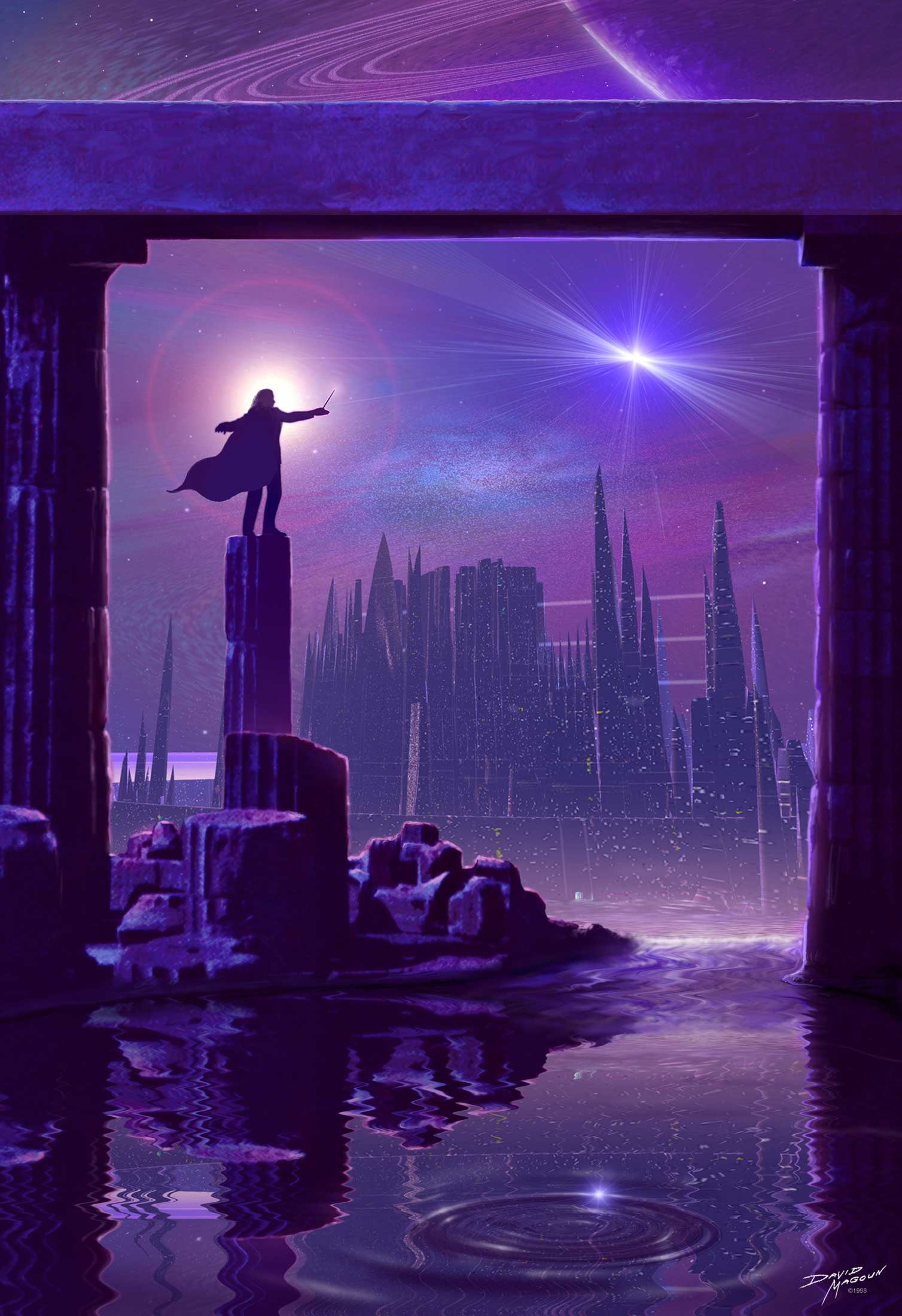 Forevercity Wizard — A sorcerer commands the stars above an alien city