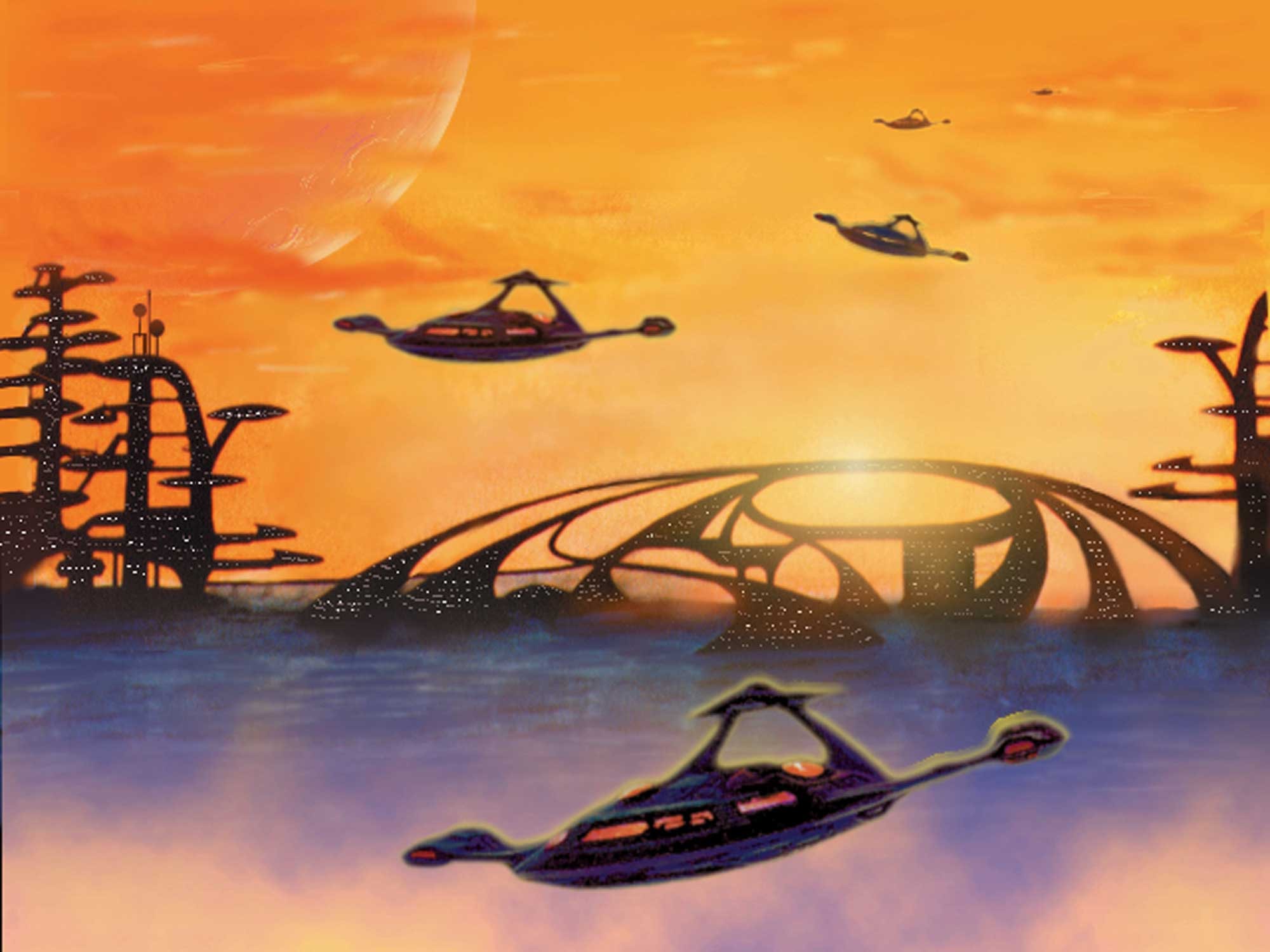 Future City Fighters — Alien spacecraft patrol a futuristic cityscape at sunset