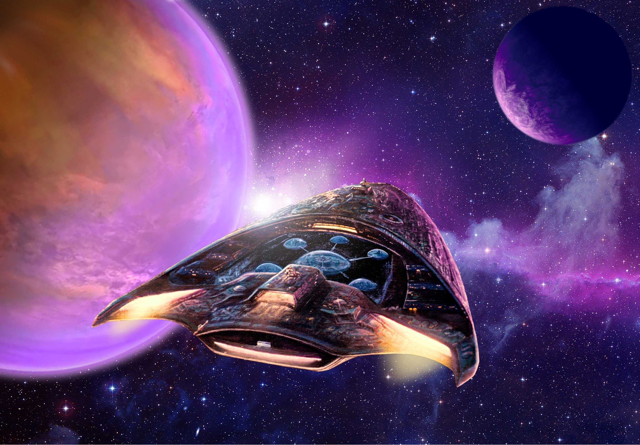 Starship One — A massive starship navigates between twin planets